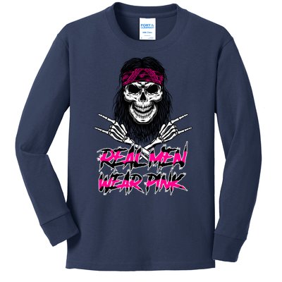 Real Men Wear Pink Breast Cancer Awareness Skull Kids Long Sleeve Shirt