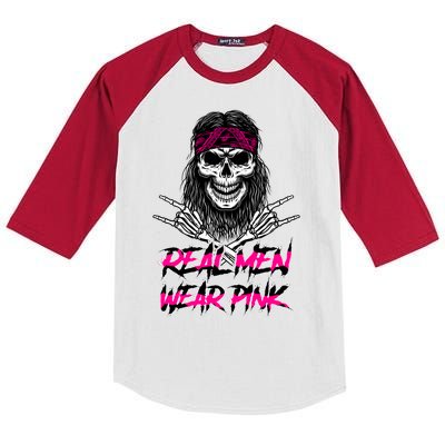 Real Men Wear Pink Breast Cancer Awareness Skull Kids Colorblock Raglan Jersey