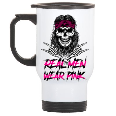 Real Men Wear Pink Breast Cancer Awareness Skull Stainless Steel Travel Mug