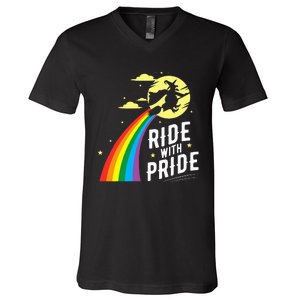 Ride With Pride Lgbt Gay Lesbian Witch Halloween V-Neck T-Shirt