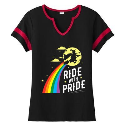 Ride With Pride LGBT Gay Lesbian Witch Halloween Ladies Halftime Notch Neck Tee