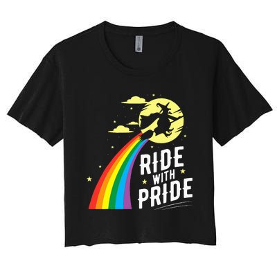 Ride With Pride LGBT Gay Lesbian Witch Halloween Women's Crop Top Tee