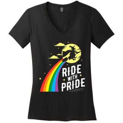 Ride With Pride LGBT Gay Lesbian Witch Halloween Women's V-Neck T-Shirt