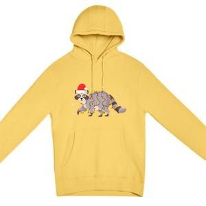 Raccoon Wearing Santa Hat Snowflakes Christmas Lights Funny Gift Premium Pullover Hoodie