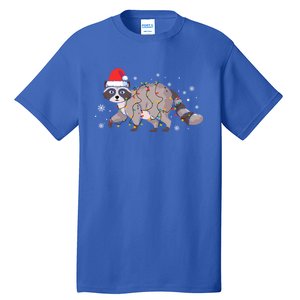 Raccoon Wearing Santa Hat Snowflakes Christmas Lights Funny Gift Tall T-Shirt