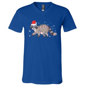 Raccoon Wearing Santa Hat Snowflakes Christmas Lights Funny Gift V-Neck T-Shirt