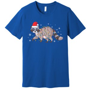 Raccoon Wearing Santa Hat Snowflakes Christmas Lights Funny Gift Premium T-Shirt