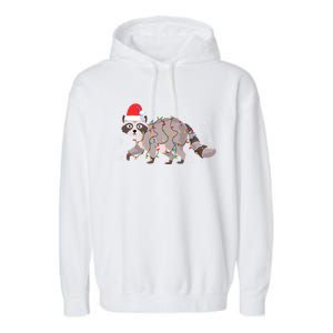 Raccoon Wearing Santa Hat Snowflakes Christmas Lights Funny Gift Garment-Dyed Fleece Hoodie