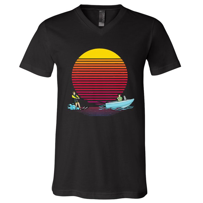 Retro Water Ski Lover Gift Waterski Love Gifts Skiing V-Neck T-Shirt