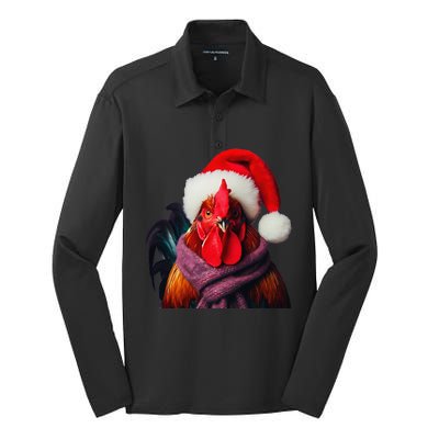 Rooster With Santa Hat Christmas Xmas Chicken Lover Owner Silk Touch Performance Long Sleeve Polo