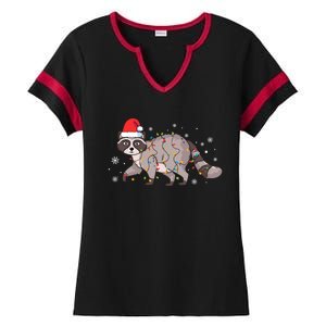 Raccoon Wearing Santa Hat Snowflakes Christmas Lights Gift Ladies Halftime Notch Neck Tee