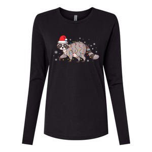 Raccoon Wearing Santa Hat Snowflakes Christmas Lights Gift Womens Cotton Relaxed Long Sleeve T-Shirt