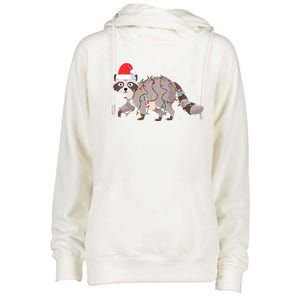 Raccoon Wearing Santa Hat Snowflakes Christmas Lights Gift Womens Funnel Neck Pullover Hood