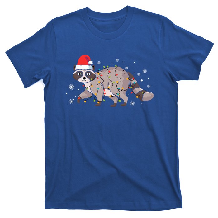 Raccoon Wearing Santa Hat Snowflakes Christmas Lights Gift T-Shirt