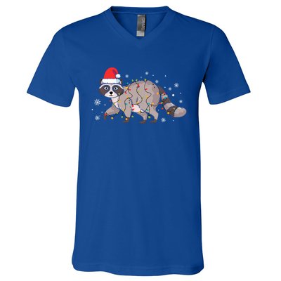 Raccoon Wearing Santa Hat Snowflakes Christmas Lights Gift V-Neck T-Shirt