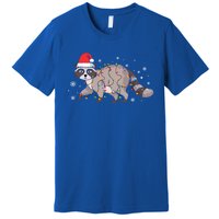 Raccoon Wearing Santa Hat Snowflakes Christmas Lights Gift Premium T-Shirt