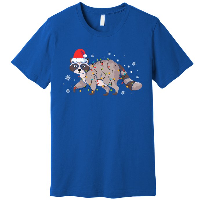 Raccoon Wearing Santa Hat Snowflakes Christmas Lights Gift Premium T-Shirt