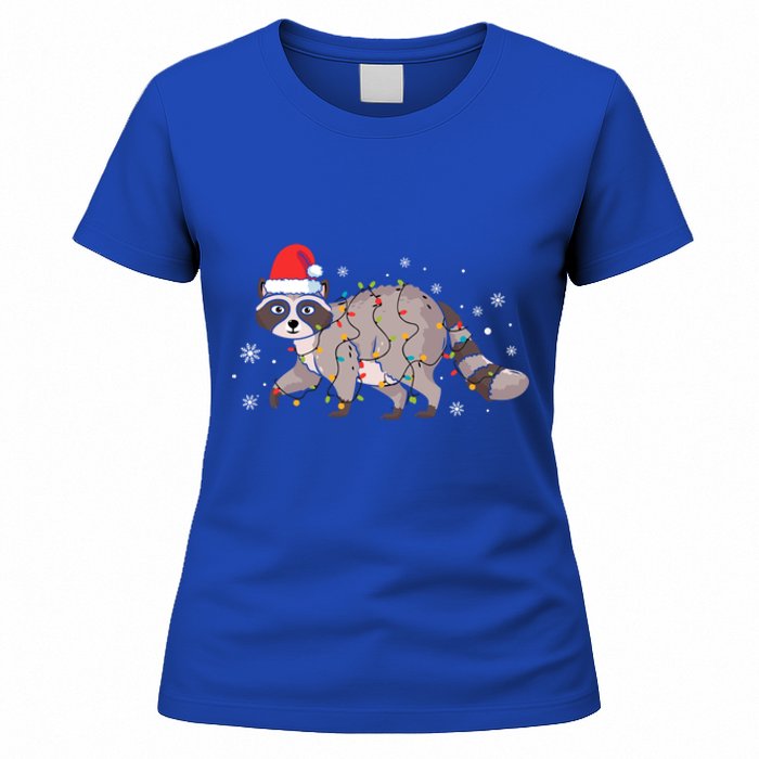 Raccoon Wearing Santa Hat Snowflakes Christmas Lights Gift Women's T-Shirt