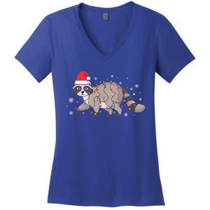 Raccoon Wearing Santa Hat Snowflakes Christmas Lights Gift Women's V-Neck T-Shirt