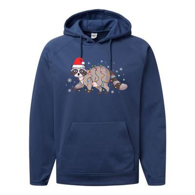 Raccoon Wearing Santa Hat Snowflakes Christmas Lights Gift Performance Fleece Hoodie