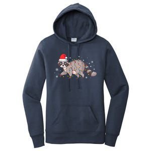 Raccoon Wearing Santa Hat Snowflakes Christmas Lights Gift Women's Pullover Hoodie