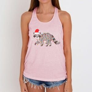 Raccoon Wearing Santa Hat Snowflakes Christmas Lights Gift Women's Knotted Racerback Tank