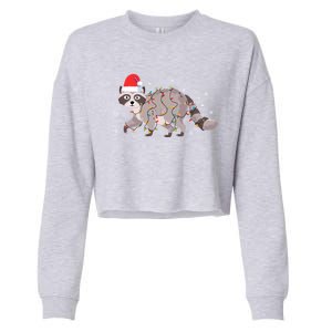 Raccoon Wearing Santa Hat Snowflakes Christmas Lights Gift Cropped Pullover Crew