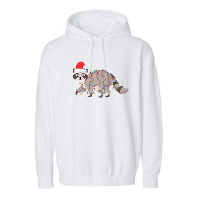 Raccoon Wearing Santa Hat Snowflakes Christmas Lights Gift Garment-Dyed Fleece Hoodie