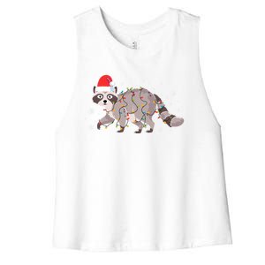 Raccoon Wearing Santa Hat Snowflakes Christmas Lights Gift Women's Racerback Cropped Tank