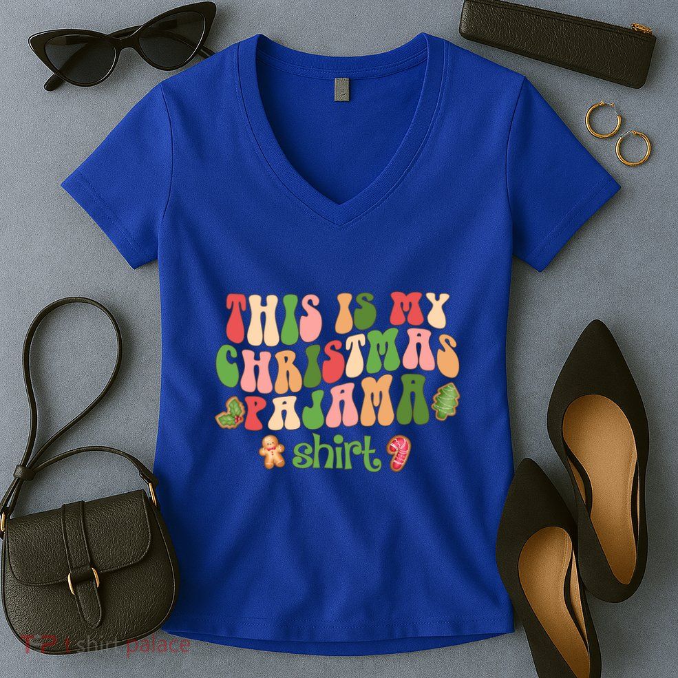Retro Wavy Style Cookies Xmas This Is My Christmas Pajama Gift Women's V-Neck T-Shirt