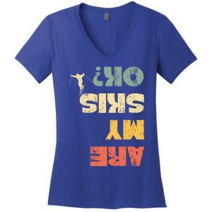 Retro Winter Sports Ski Snow Skiing Skier Are My Skis Ok Funny Gift Women's V-Neck T-Shirt