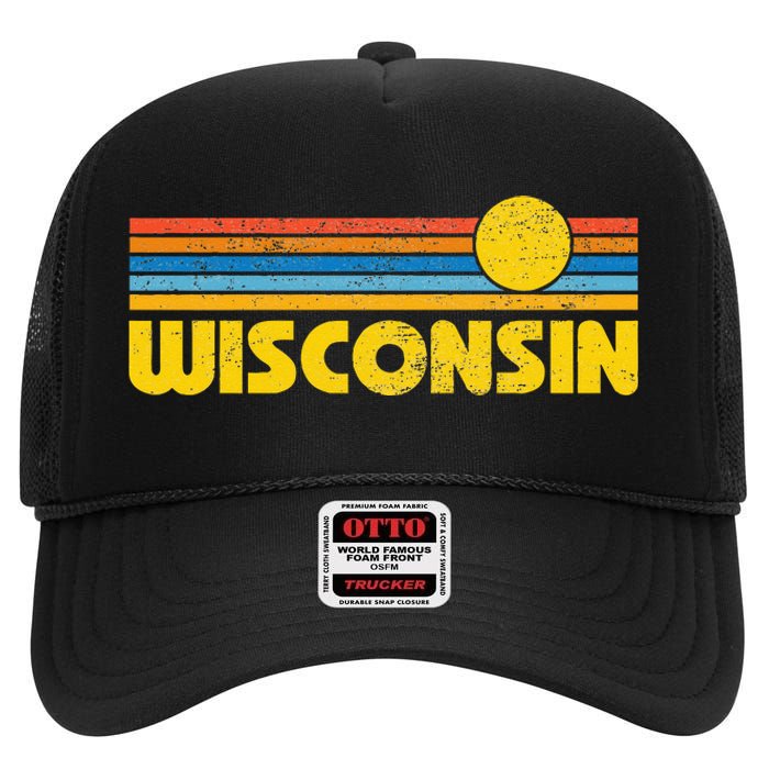 Retro Wisconsin Sunset Vintage Throwback Kids High Crown Mesh Back Trucker Hat