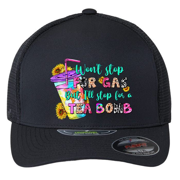 Retro WonT Stop For Gas But ILl Stop For A Tea Bomb Flexfit Unipanel Trucker Cap
