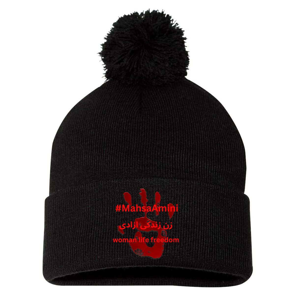 RISE WITH THE WOMEN OF IRAN, Women Life Freedom Hand Blood Pom Pom 12in Knit Beanie