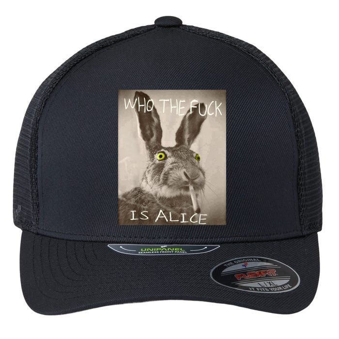 Retro Who The F_ck Is Alice Funny Rabbit  Flexfit Unipanel Trucker Cap