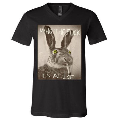 Retro Who The F_ck Is Alice Funny Rabbit  V-Neck T-Shirt