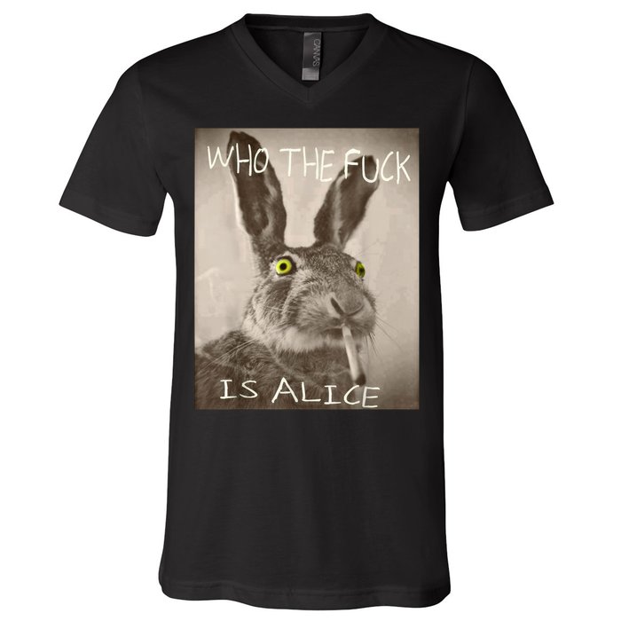 Retro Who The F_ck Is Alice Funny Rabbit  V-Neck T-Shirt