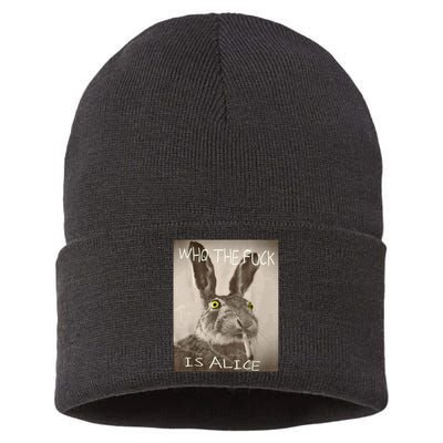 Retro Who The F_ck Is Alice Funny Rabbit  Sustainable Knit Beanie