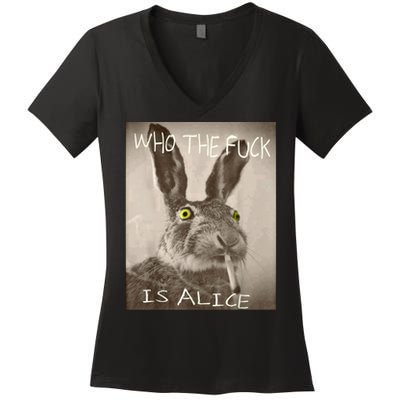 Retro Who The F_ck Is Alice Funny Rabbit  Women's V-Neck T-Shirt