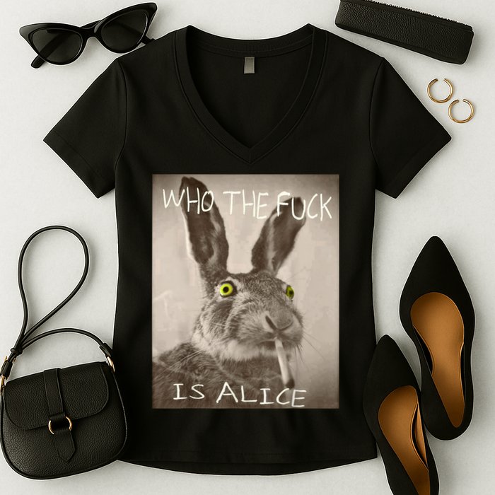 Retro Who The F_ck Is Alice Funny Rabbit  Women's V-Neck T-Shirt