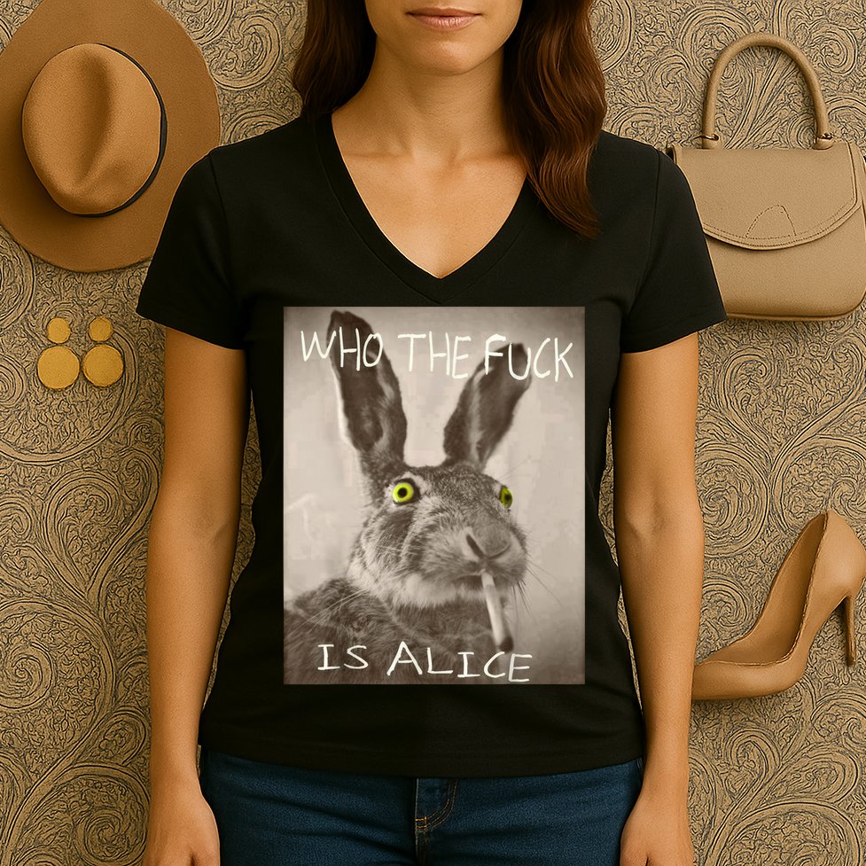 Retro Who The F_ck Is Alice Funny Rabbit  Women's V-Neck T-Shirt