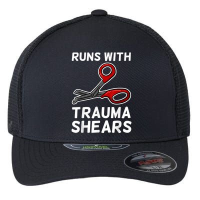 Runs With Trauma Shears EMT Emergency Medical Technician EMS Flexfit Unipanel Trucker Cap