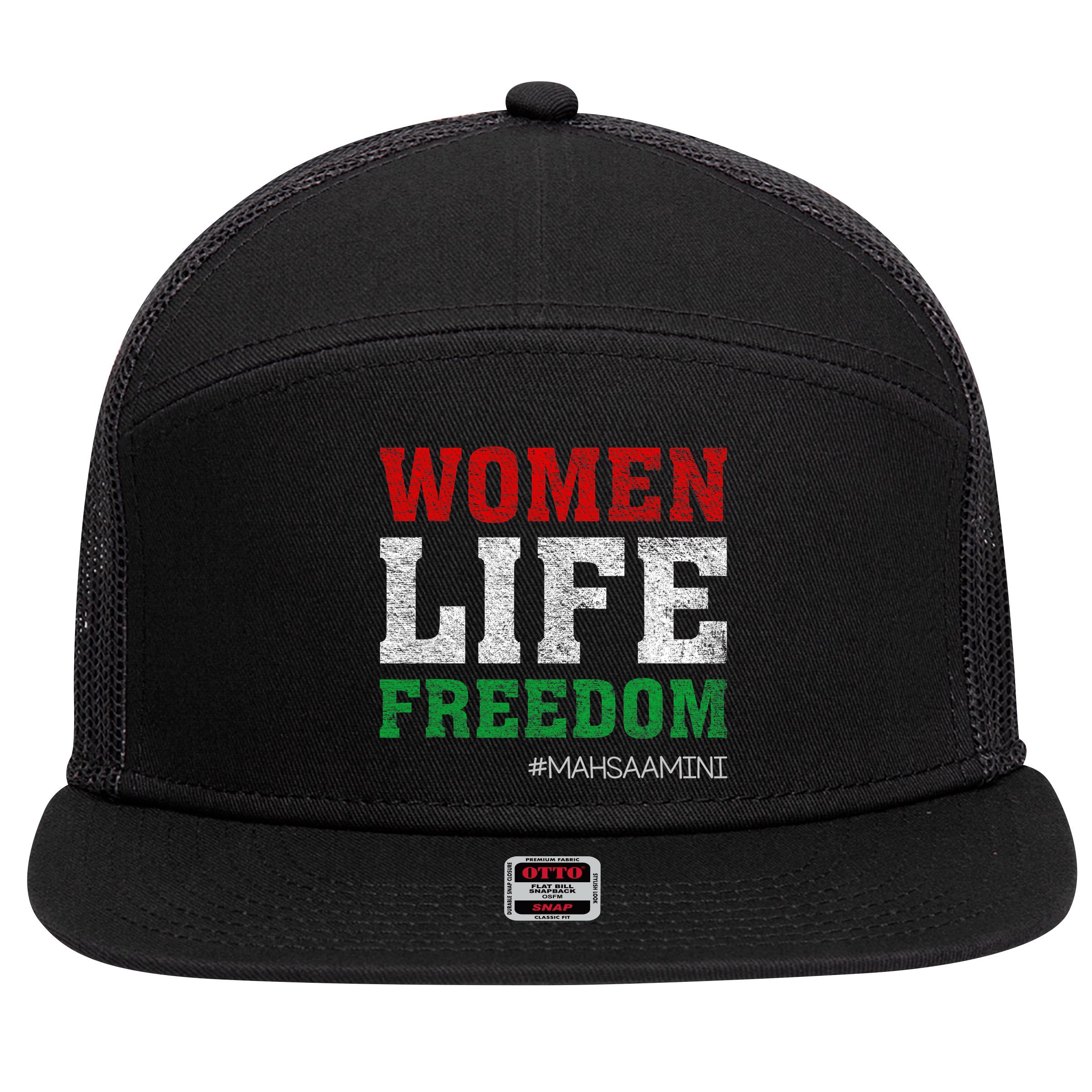 RISE WITH THE WOMEN OF IRAN Women Life Freedom #Mahsaamini Life Freedom Design 7 Panel Mesh Trucker Snapback Hat