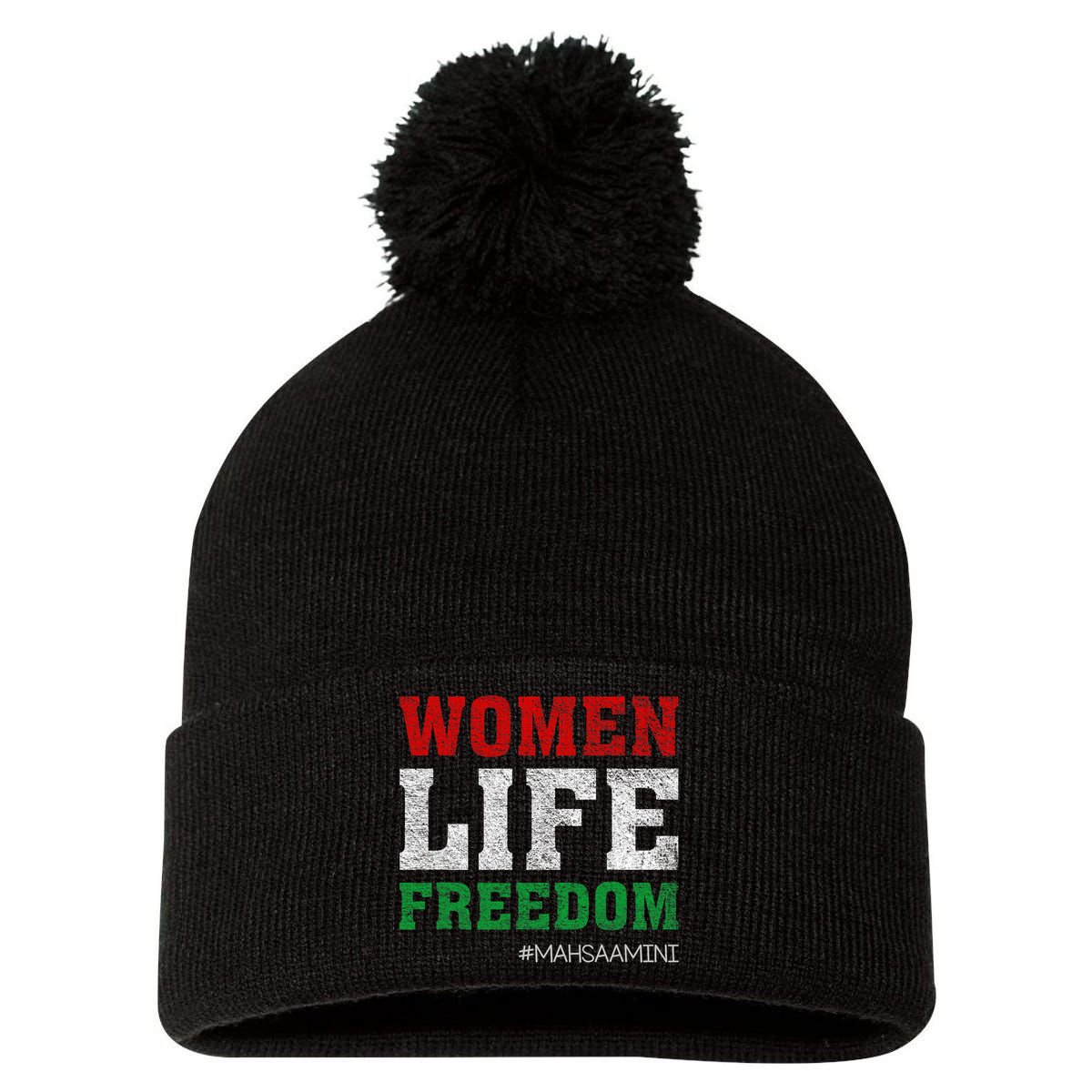 RISE WITH THE WOMEN OF IRAN Women Life Freedom #Mahsaamini Life Freedom Design Pom Pom 12in Knit Beanie