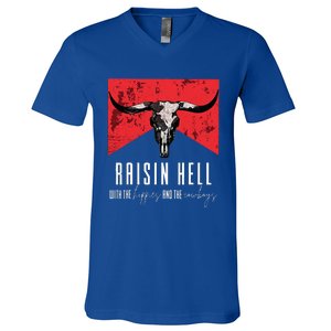 Raisinghell With The Hippies And Cowboys Western Cowhide V-Neck T-Shirt