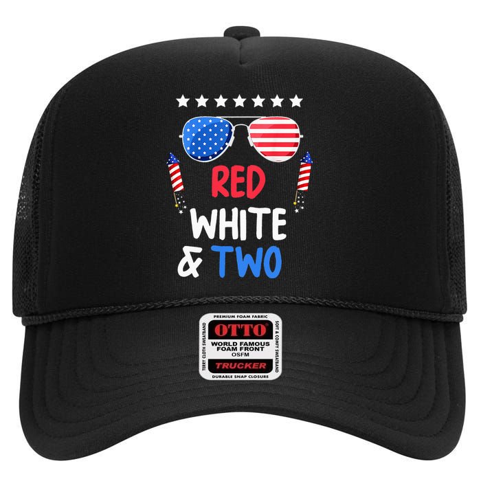 Red White & Two 2nd Birthday 4th Of July Independence Day High Crown Mesh Back Trucker Hat