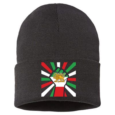 Rise With The Women Of Iran Women Life Freedom Mahsaamini Iranian Flag Fist Sustainable Knit Beanie