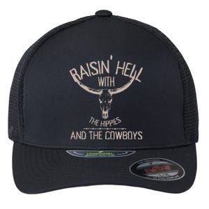 Raisinggifthell With The Hippies And Cow Western Cowhide Cool Gift Flexfit Unipanel Trucker Cap