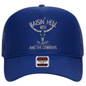 Raisinggifthell With The Hippies And Cow Western Cowhide Cool Gift High Crown Mesh Back Trucker Hat