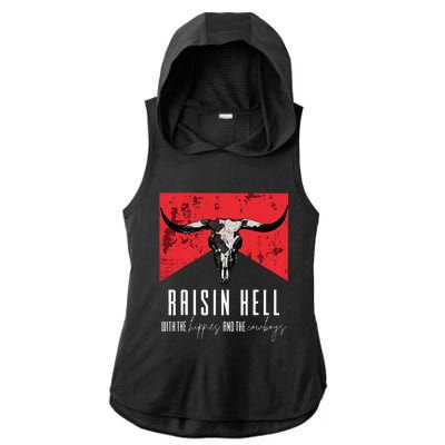 Raisinghell With The Hippies And Cowboys Western Cowhide Ladies PosiCharge Tri-Blend Wicking Draft Hoodie Tank